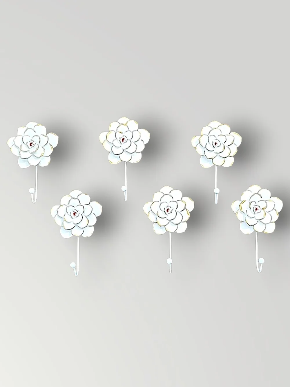 Floral Wall Coat Hooks Set Of 6 - White With Hand Painted Gold Trimmed Petals